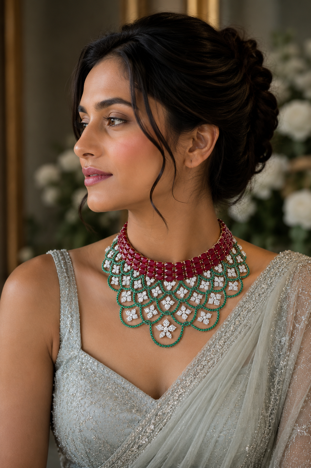 Ruby, Emerald & Diamond Scalloped Choker Set