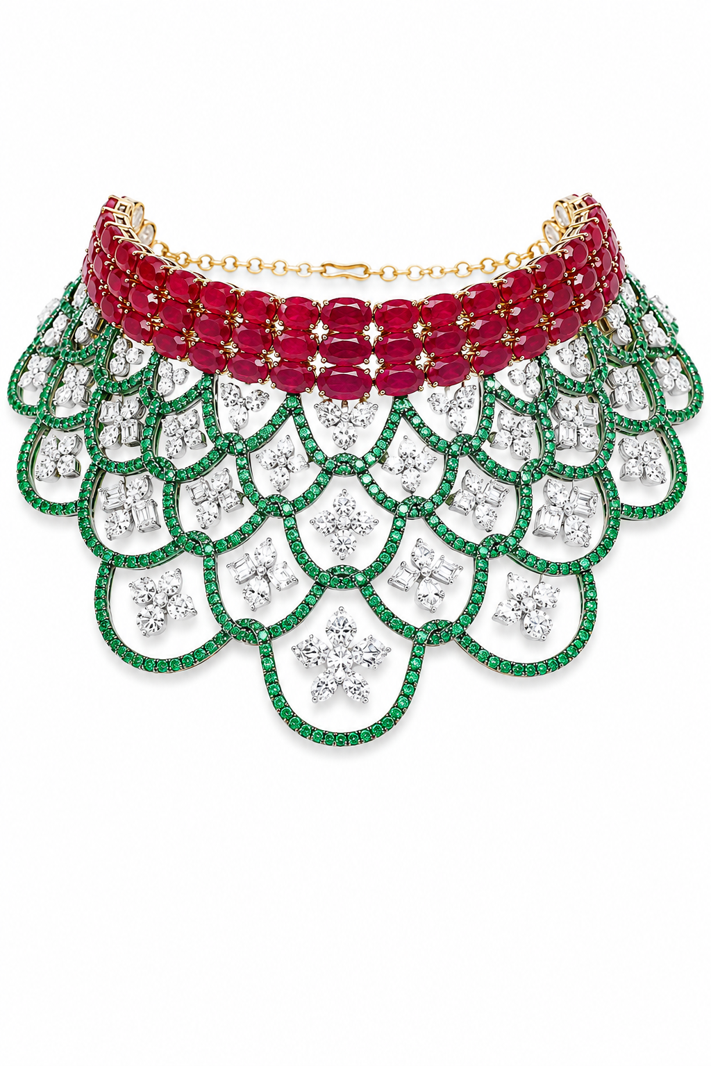 Ruby, Emerald & Diamond Scalloped Choker Set
