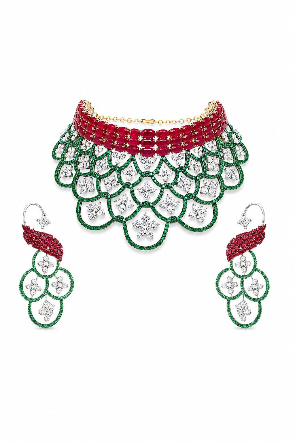 Ruby, Emerald & Diamond Scalloped Choker Set