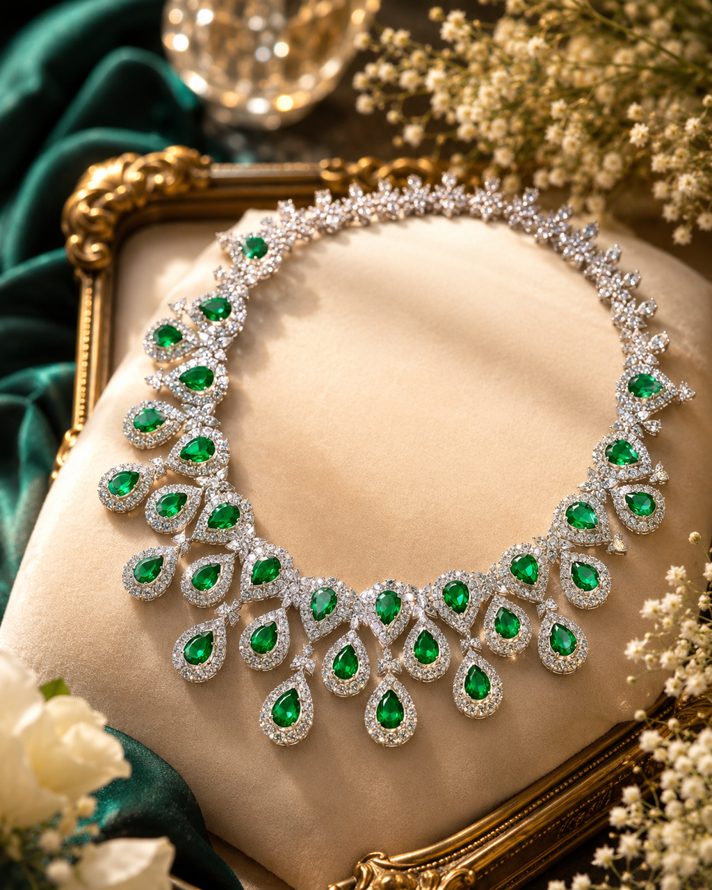 Emerald Teardrop Diamond Statement Necklace