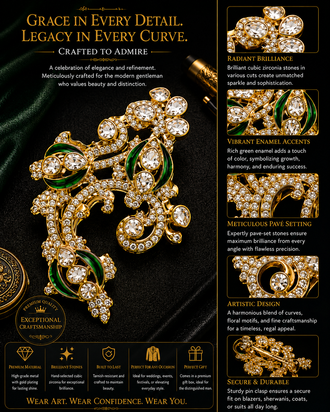 Emerald Enchantment: Vintage-Inspired Gilded Floral Brooch