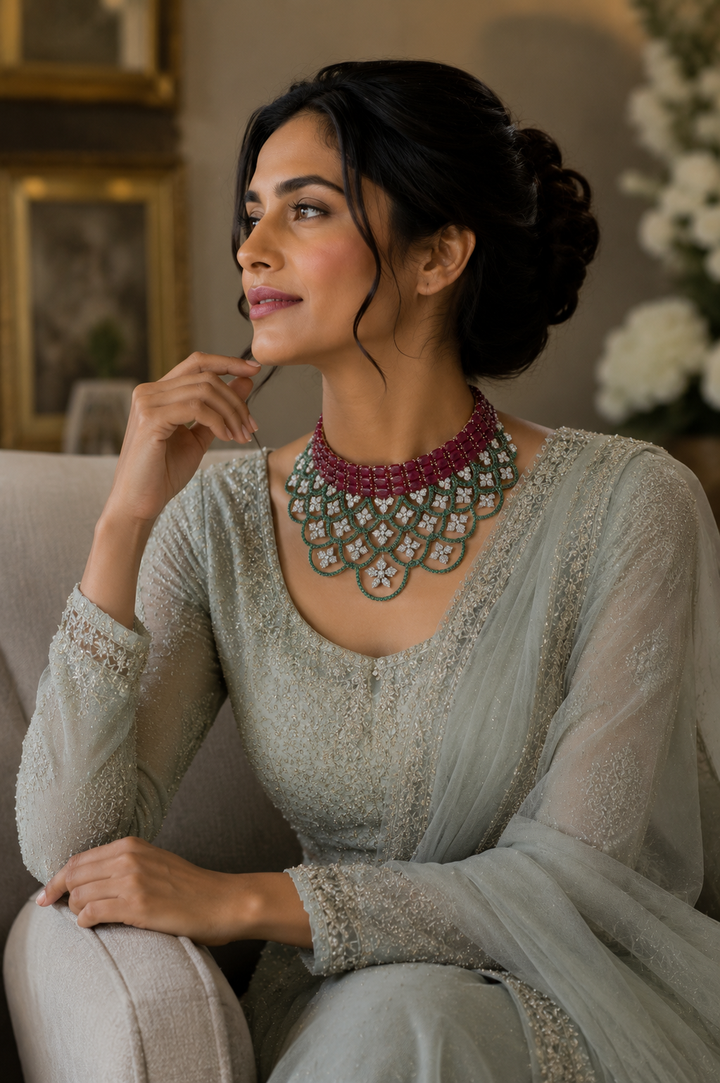 Ruby, Emerald & Diamond Scalloped Choker Set