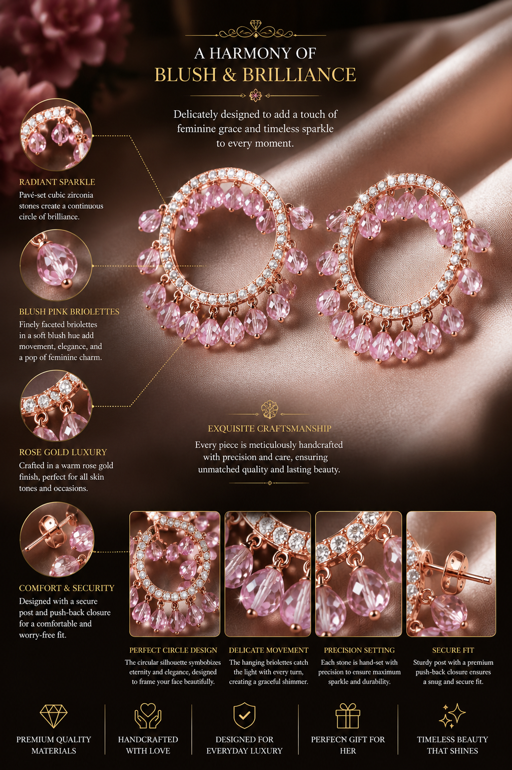 Rose Gold Pink Crystal Hoop Earrings