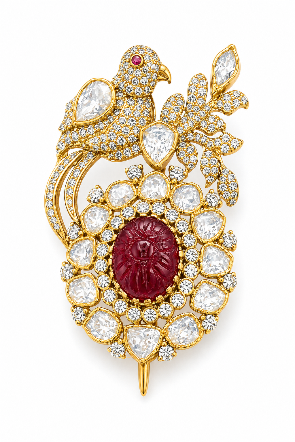 The Crimson Monarch: Hand-Carved Ruby & Pave-Set Bird Brooch