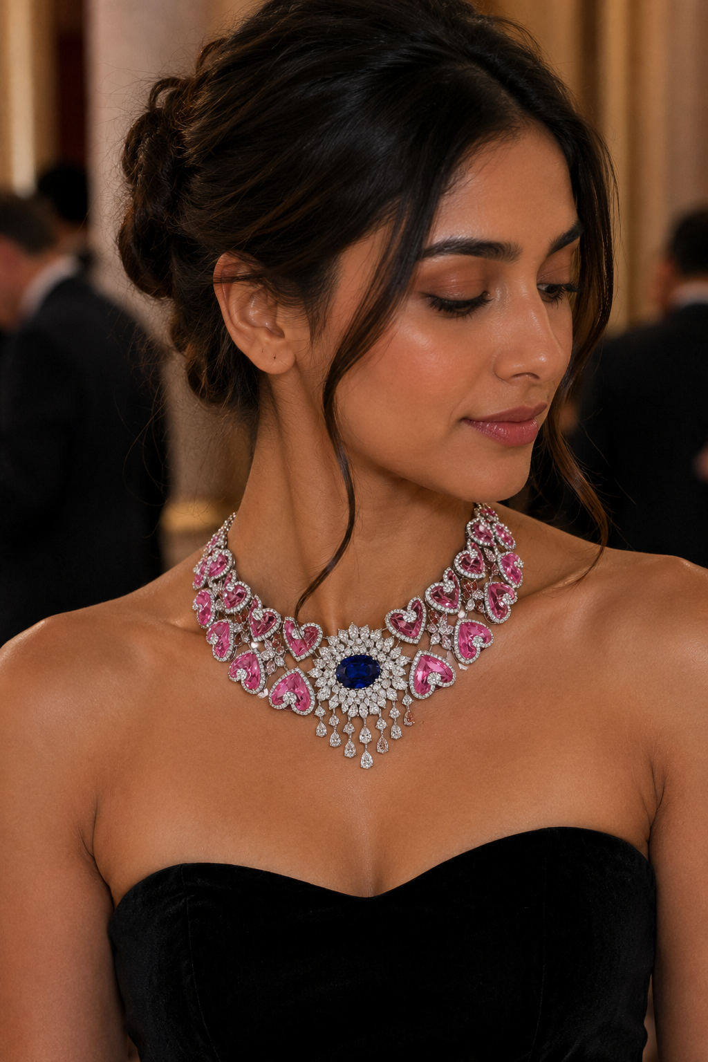 Royal Sapphire & Pink Heart Statement Necklace Set