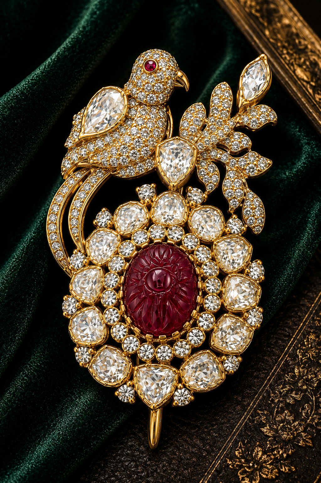 The Crimson Monarch: Hand-Carved Ruby & Pave-Set Bird Brooch