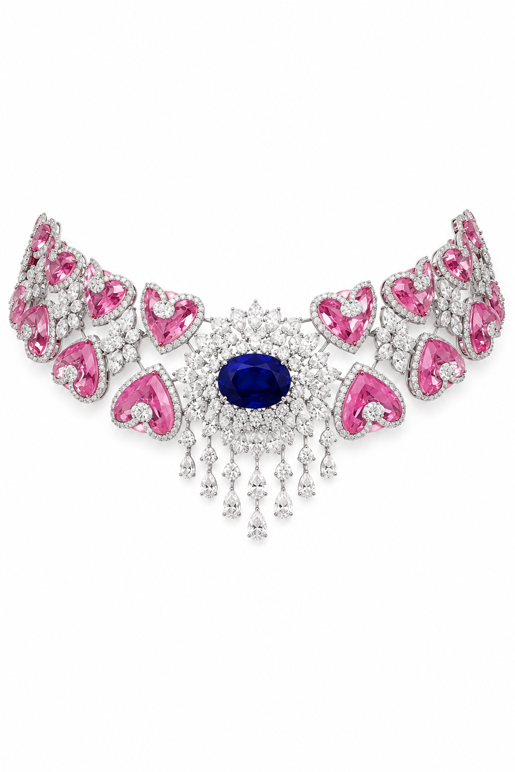 Royal Sapphire & Pink Heart Statement Necklace Set