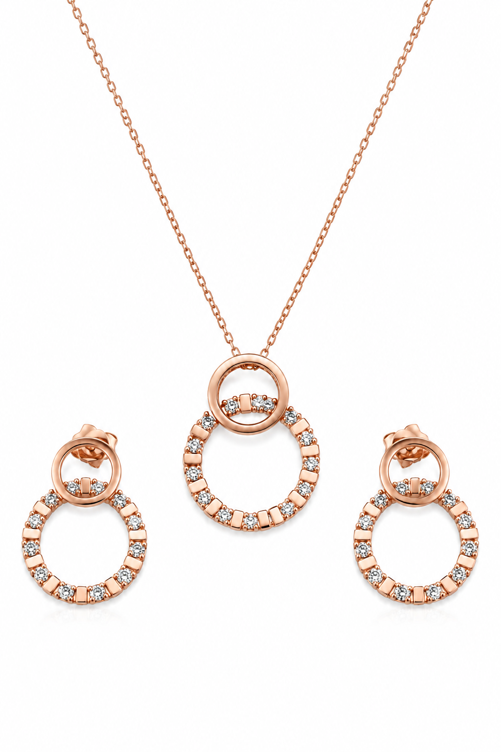 Rose Gold Double Circle Pendant & Earrings Jewelry Set for Women