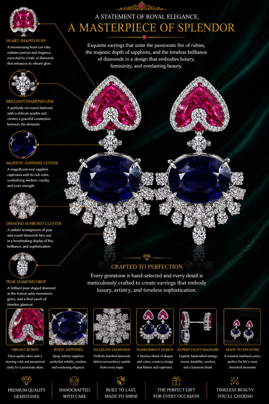Royal Sapphire & Pink Heart Statement Necklace Set