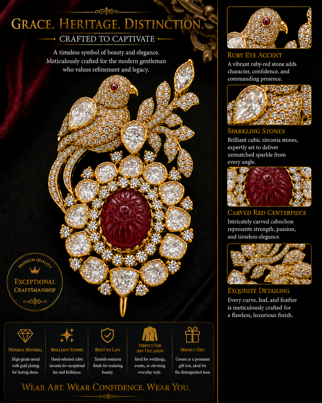 The Crimson Monarch: Hand-Carved Ruby & Pave-Set Bird Brooch
