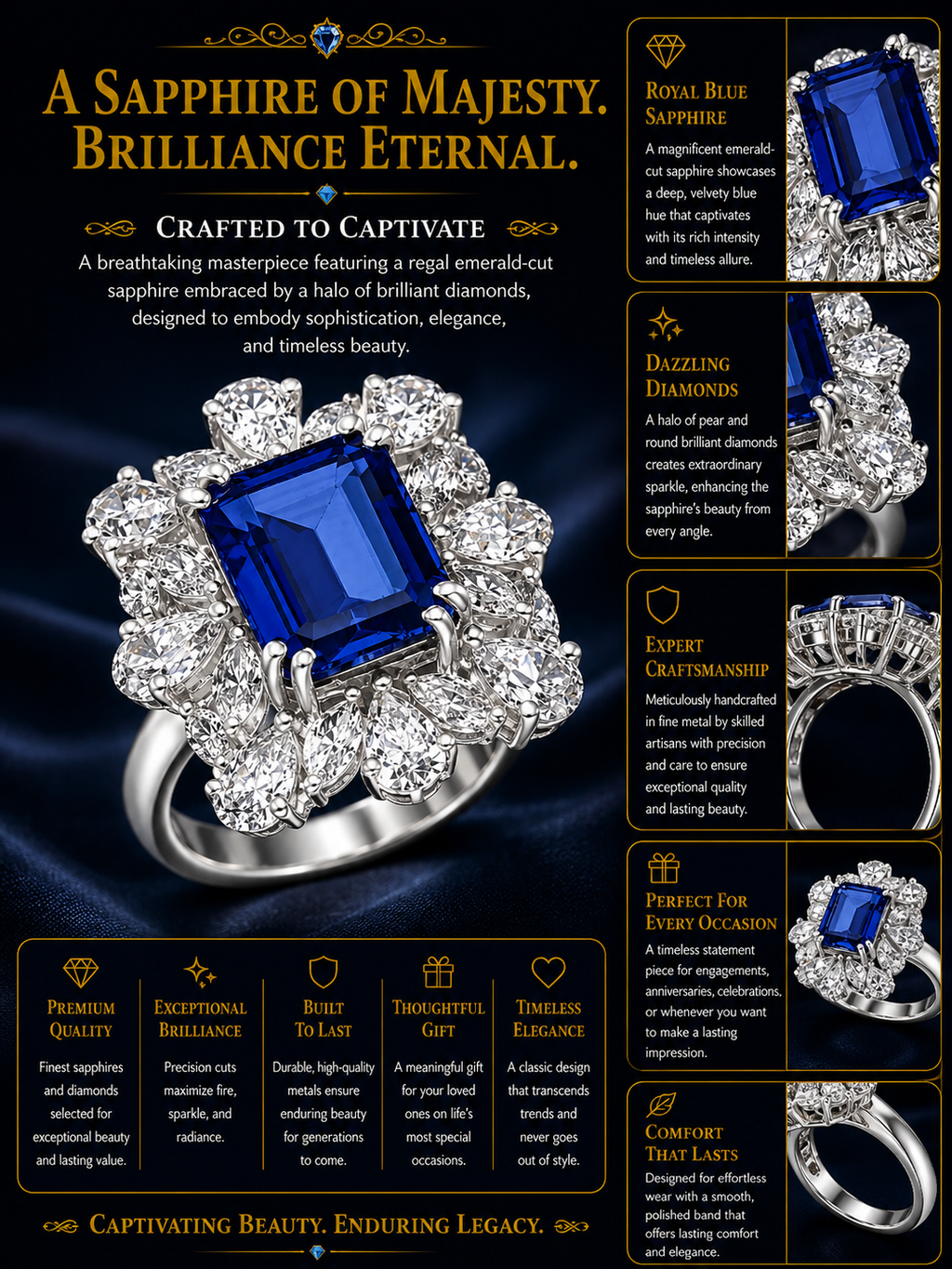 Midnight Sapphire Bloom Cocktail Ring