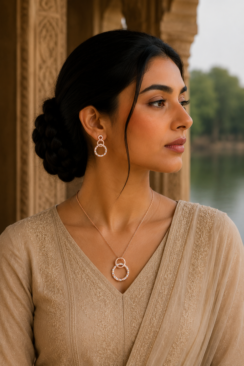 Rose Gold Double Circle Pendant & Earrings Jewelry Set for Women