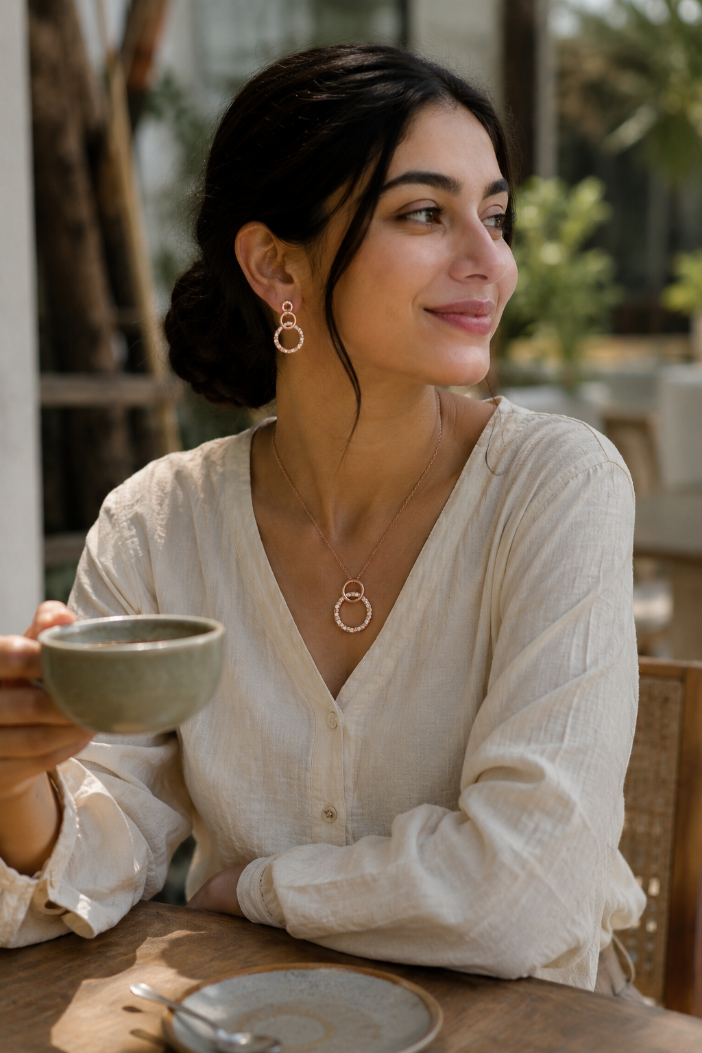 Rose Gold Double Circle Pendant & Earrings Jewelry Set for Women