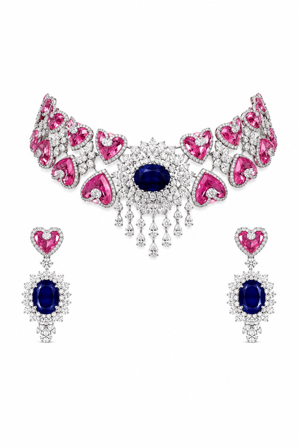 Royal Sapphire & Pink Heart Statement Necklace Set