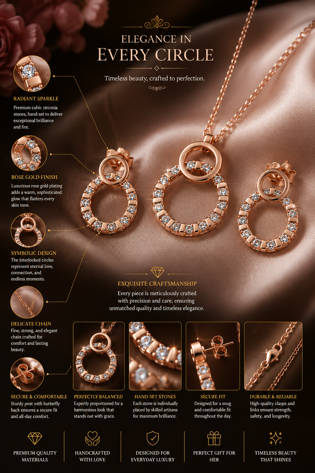 Rose Gold Double Circle Pendant & Earrings Jewelry Set for Women
