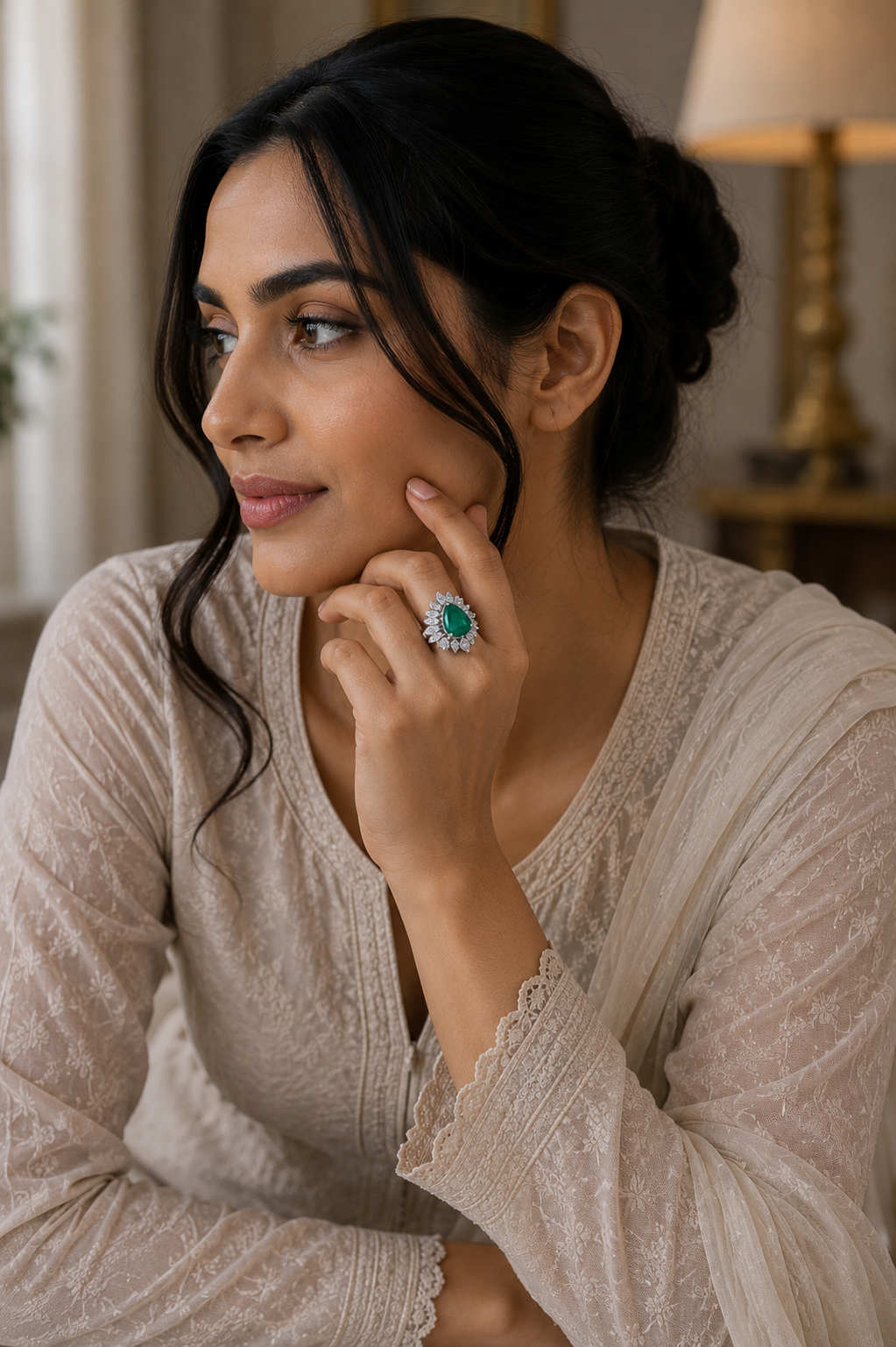 Pear Cut Emerald Diamond Floral Cocktail Ring