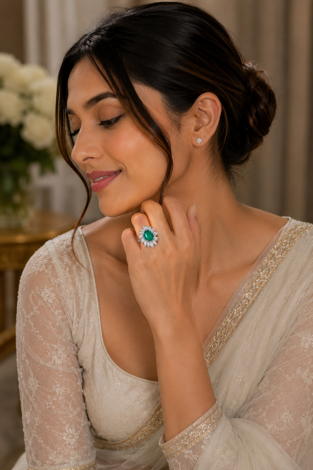 Pear Cut Emerald Diamond Floral Cocktail Ring