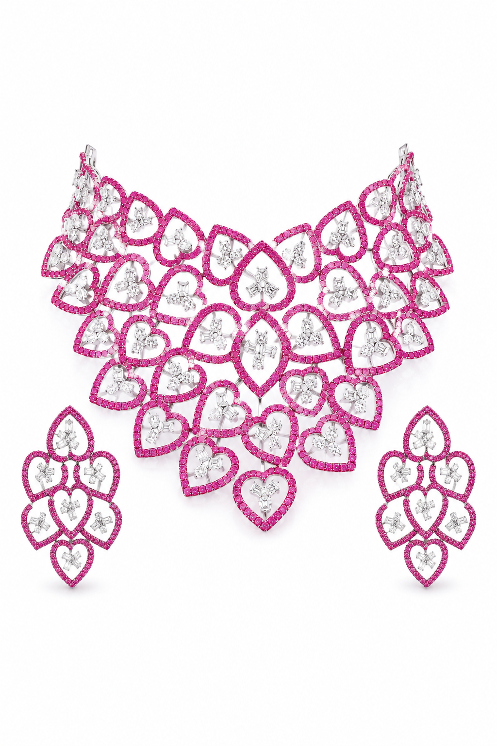 Pink Sapphire & Diamond Heart Motif Choker Set