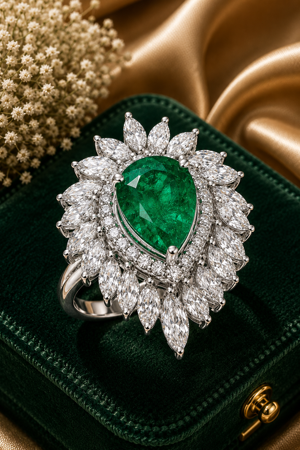 Pear Cut Emerald Diamond Floral Cocktail Ring