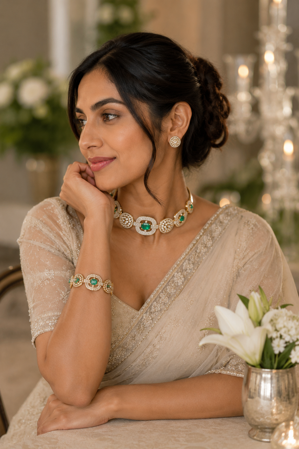 Emerald Kundan Choker Necklace Set with Matching Stud Earrings