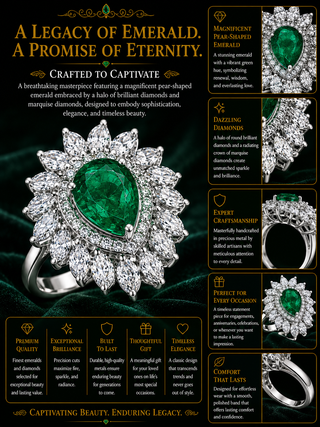 Pear Cut Emerald Diamond Floral Cocktail Ring
