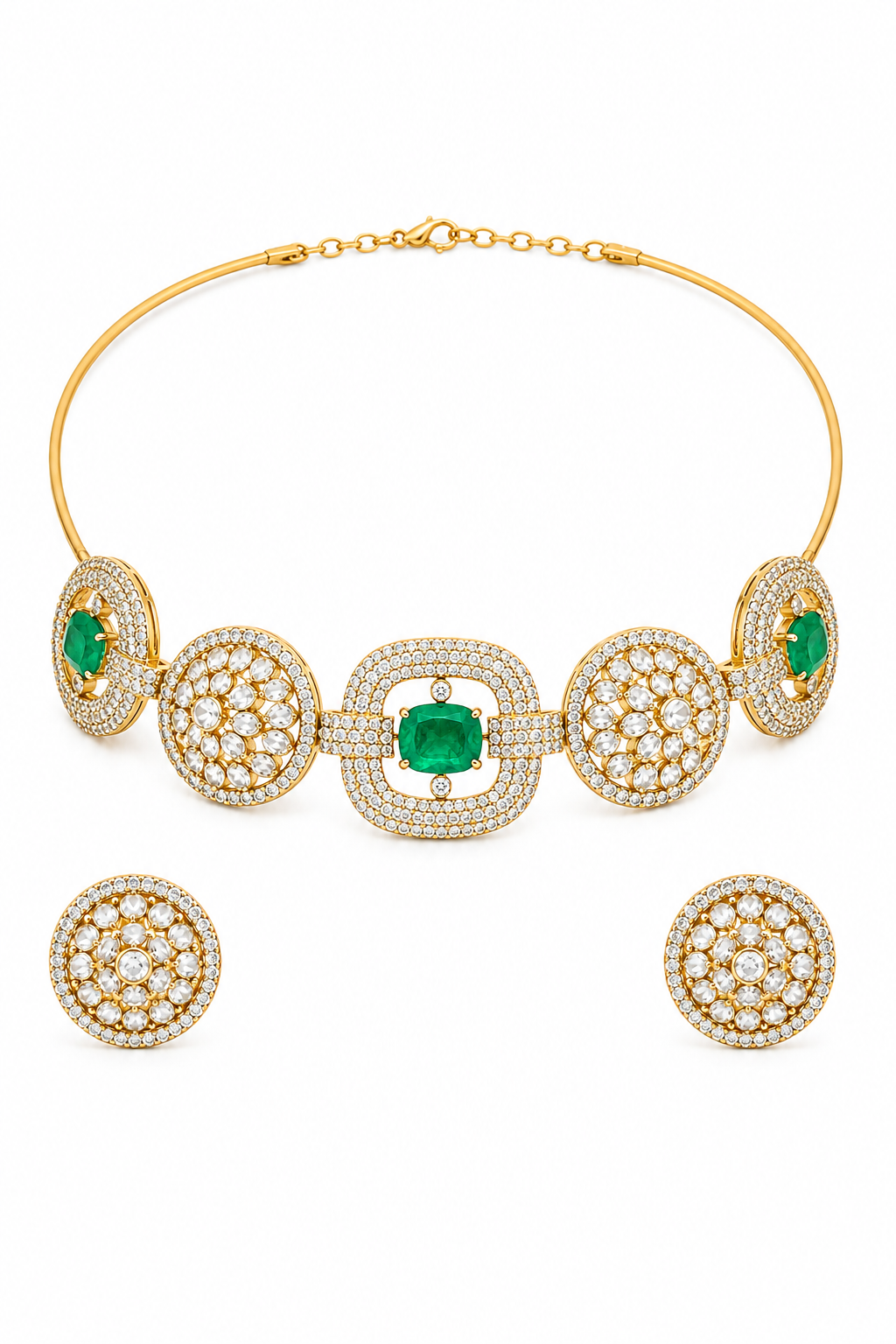 Emerald Kundan Choker Necklace Set with Matching Stud Earrings