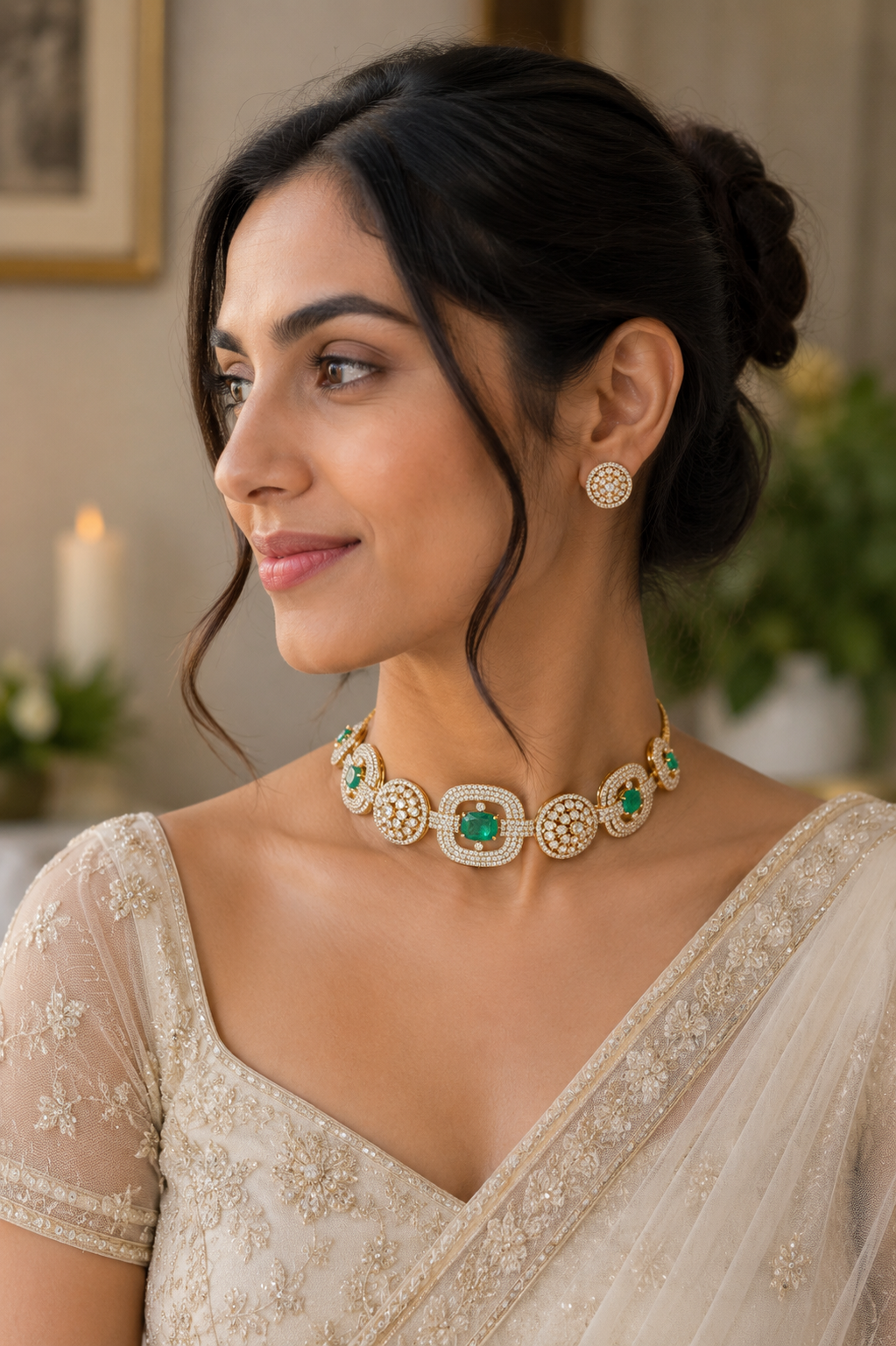 Emerald Kundan Choker Necklace Set with Matching Stud Earrings