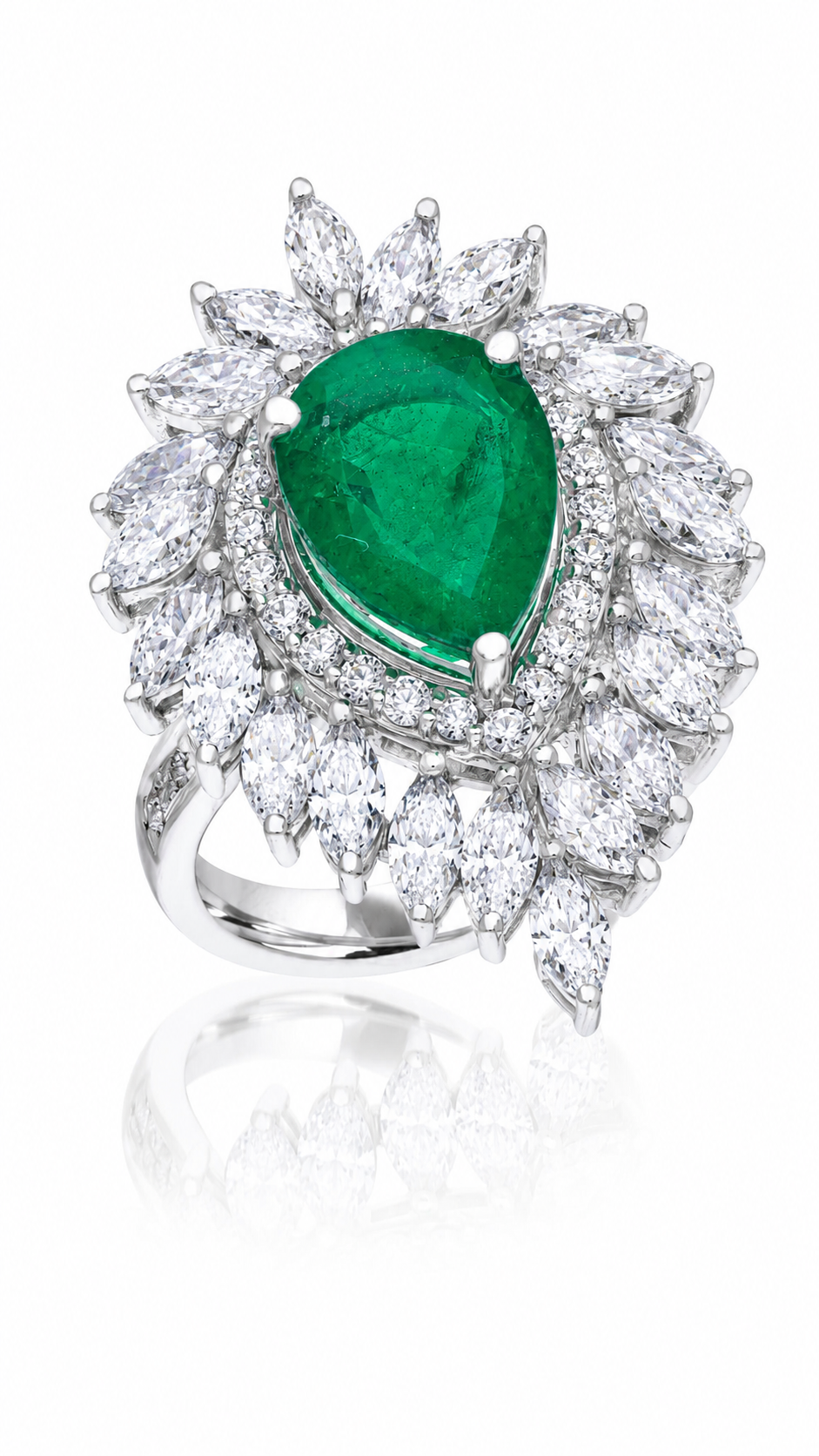 Pear Cut Emerald Diamond Floral Cocktail Ring