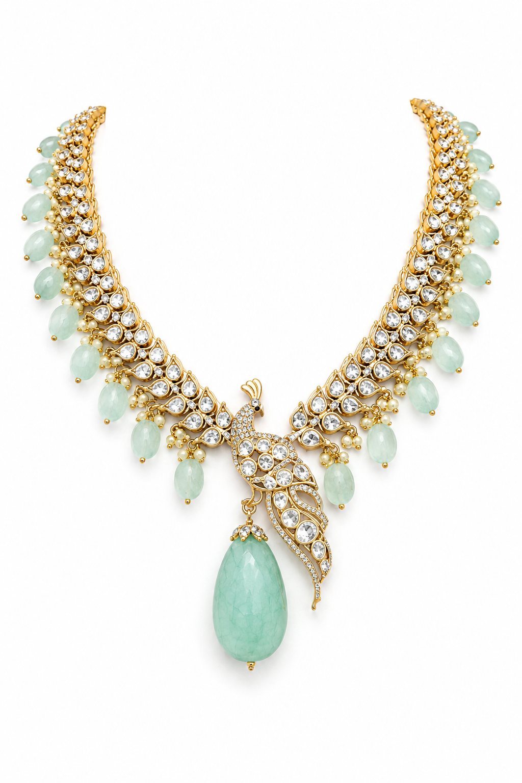 Peacock Motif Kundan Necklace Set with Mint Green Jade Drops