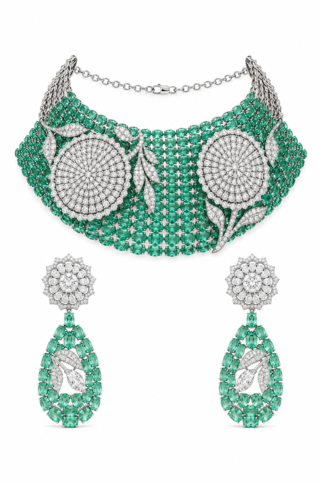 Emerald Floral Diamond Choker Necklace Set