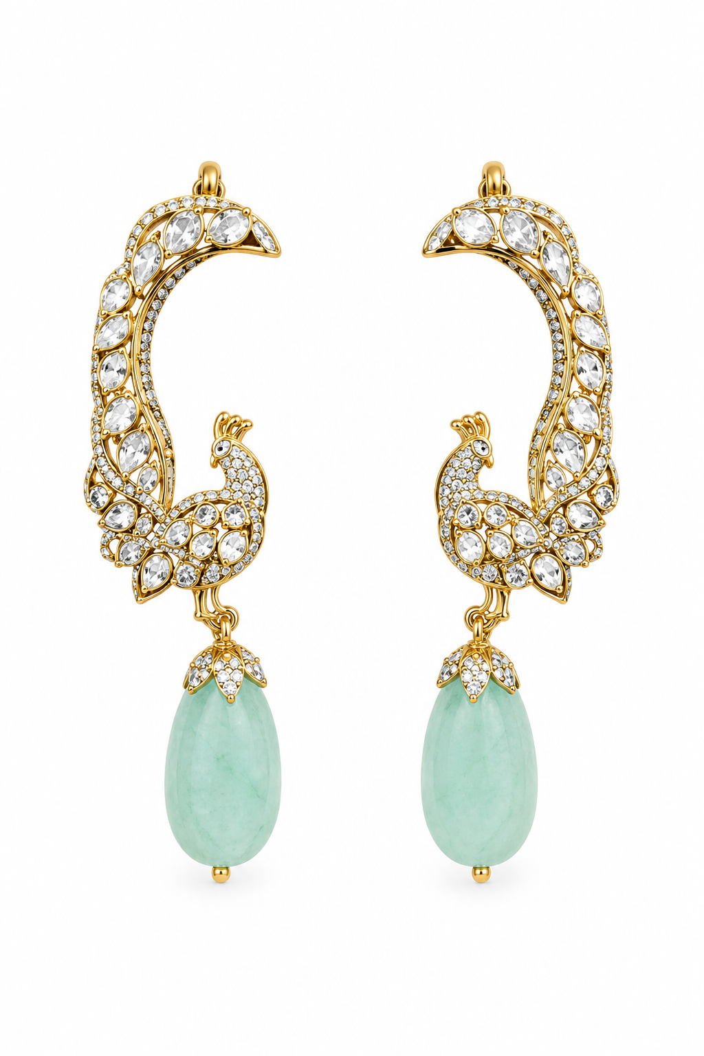 Peacock Motif Kundan Necklace Set with Mint Green Jade Drops