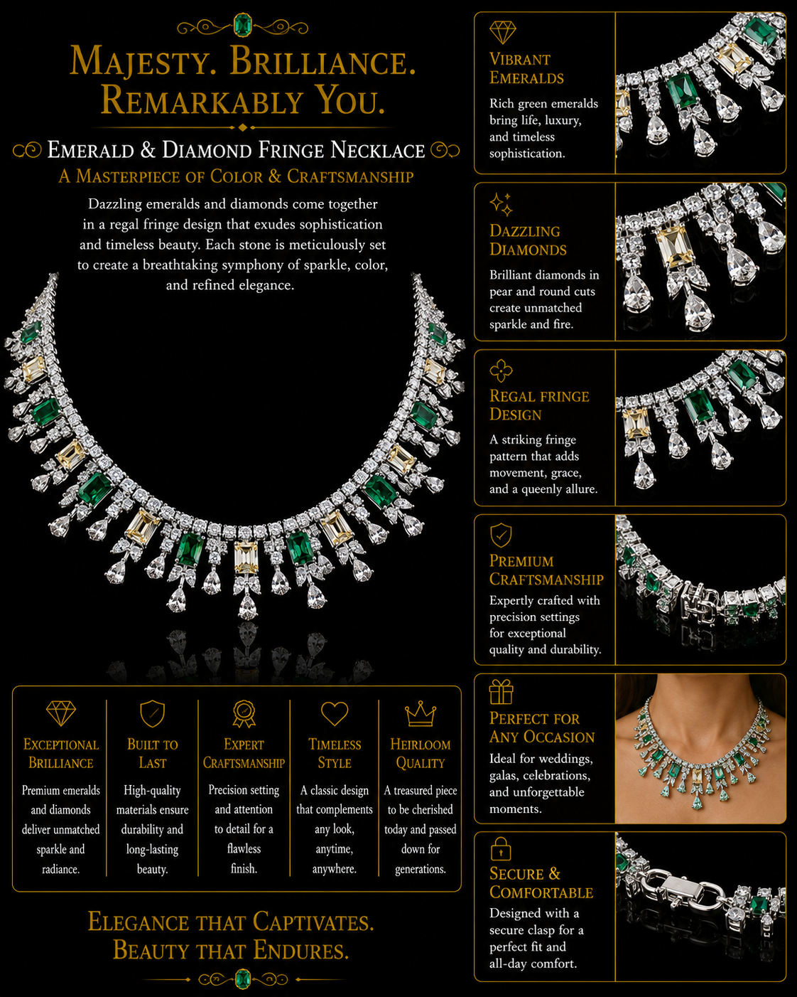 Emerald & Champagne Crystal Fringe Necklace