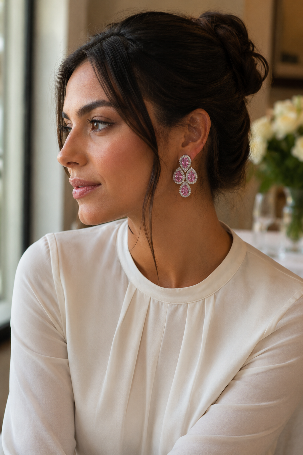 Pink Sapphire Halo Cluster Statement Earrings