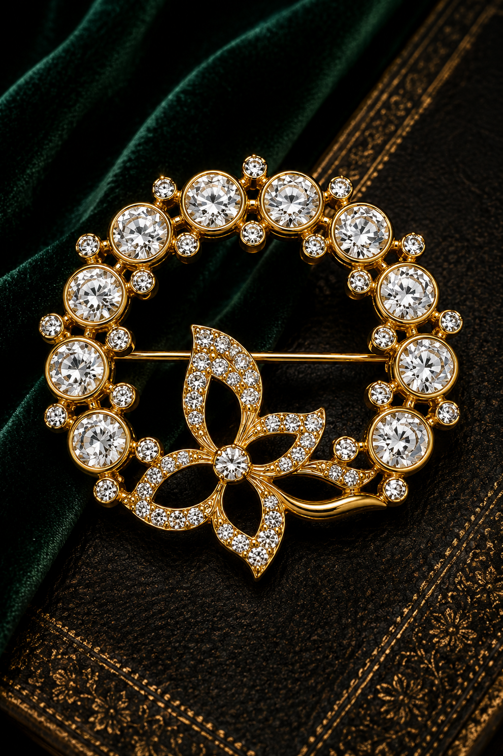 Eternal Radiance: Crystal-Encrusted Circle & Blossom Brooch