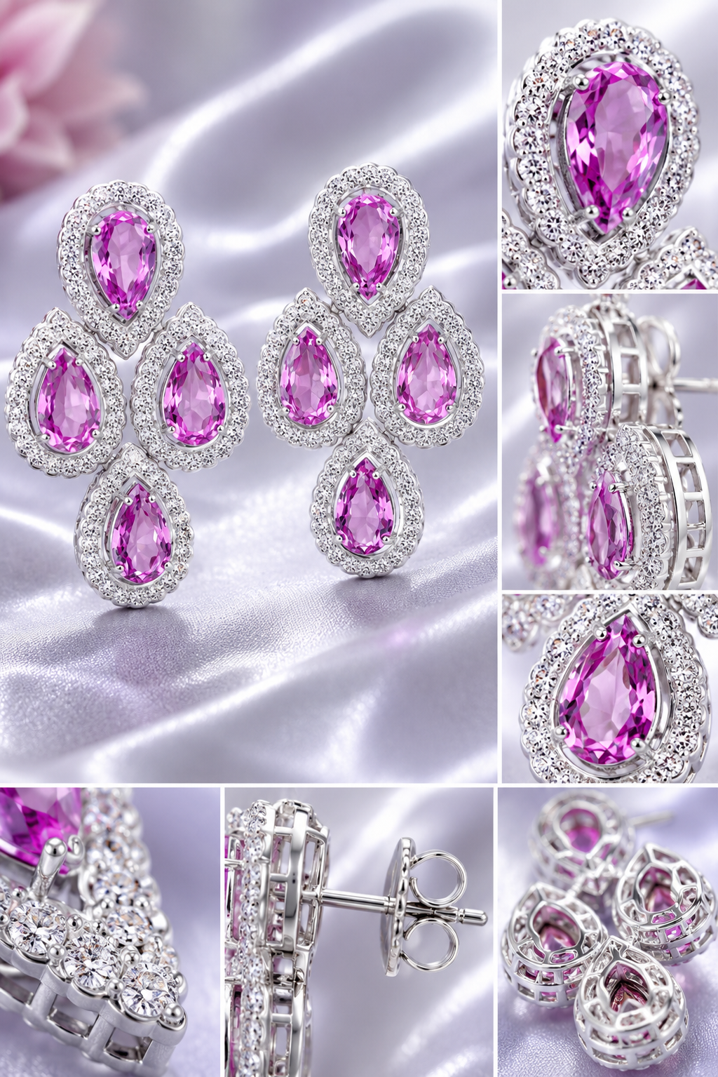 Pink Sapphire Halo Cluster Statement Earrings