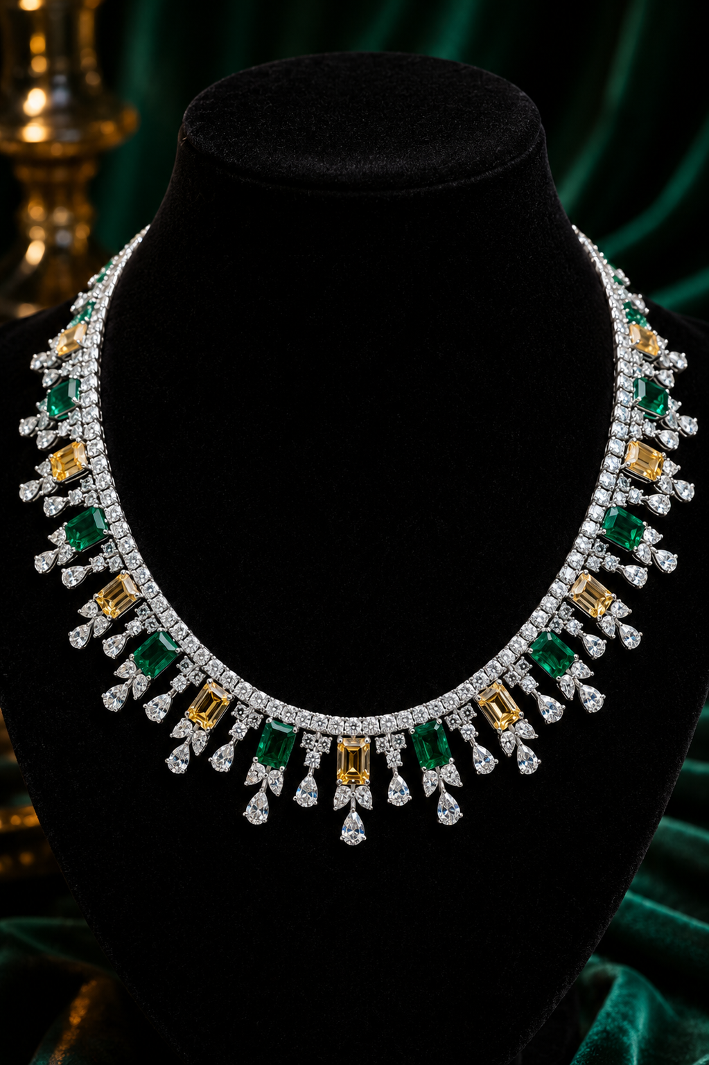 Emerald & Champagne Crystal Fringe Necklace