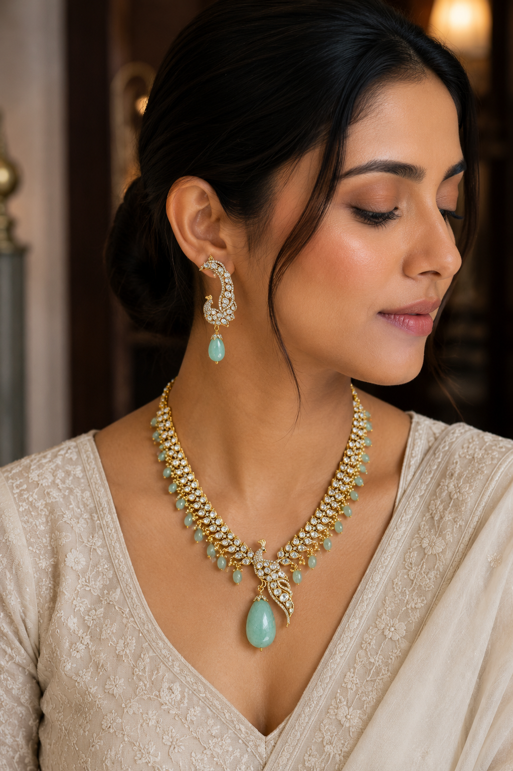 Peacock Motif Kundan Necklace Set with Mint Green Jade Drops
