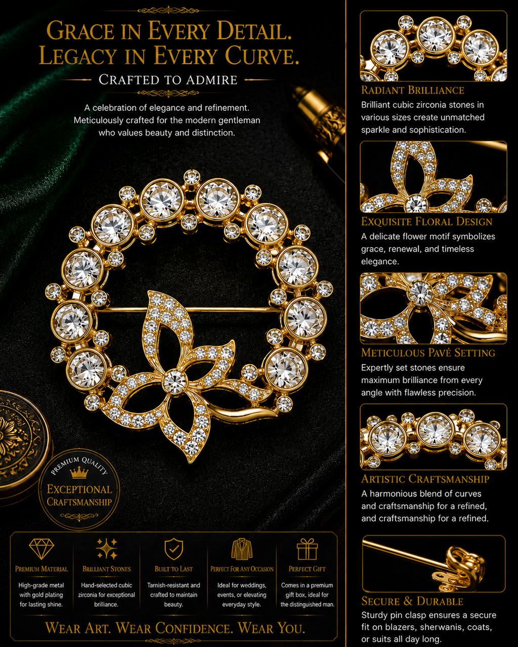 Eternal Radiance: Crystal-Encrusted Circle & Blossom Brooch