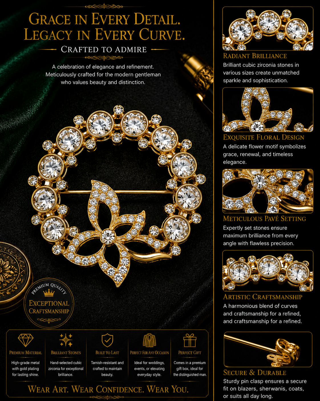 Eternal Radiance: Crystal-Encrusted Circle & Blossom Brooch