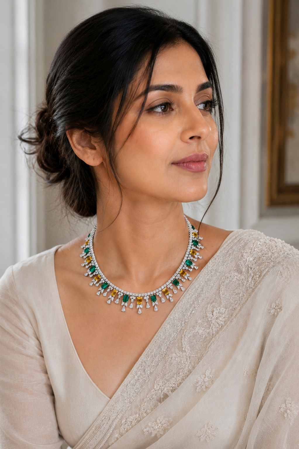 Emerald & Champagne Crystal Fringe Necklace