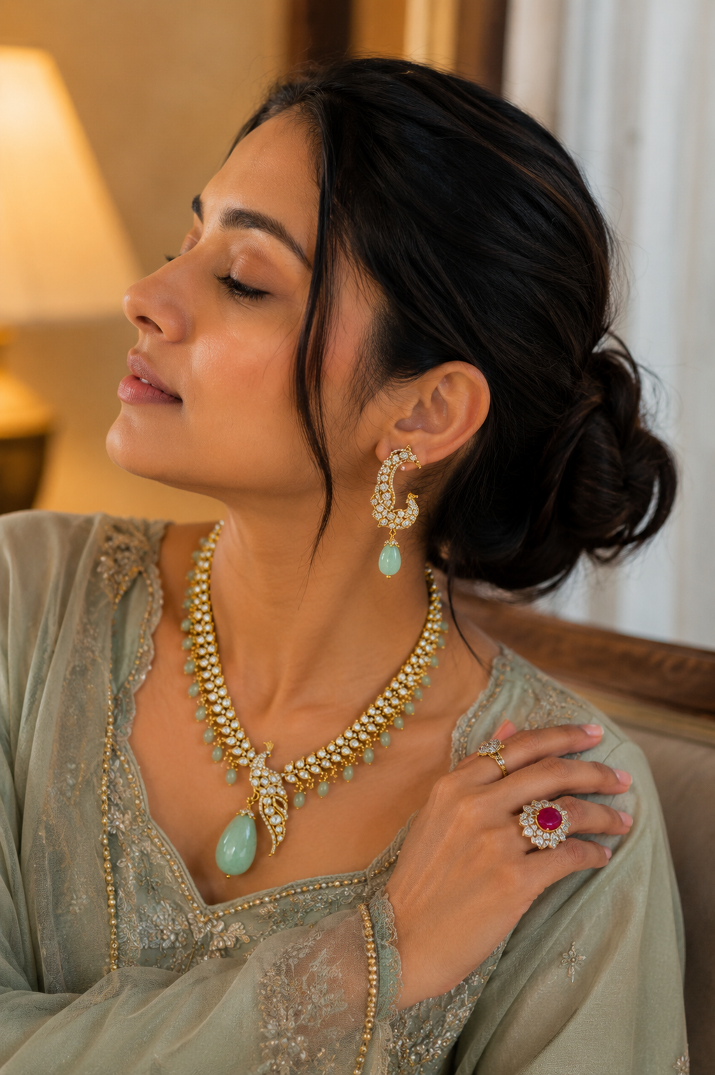 Peacock Motif Kundan Necklace Set with Mint Green Jade Drops