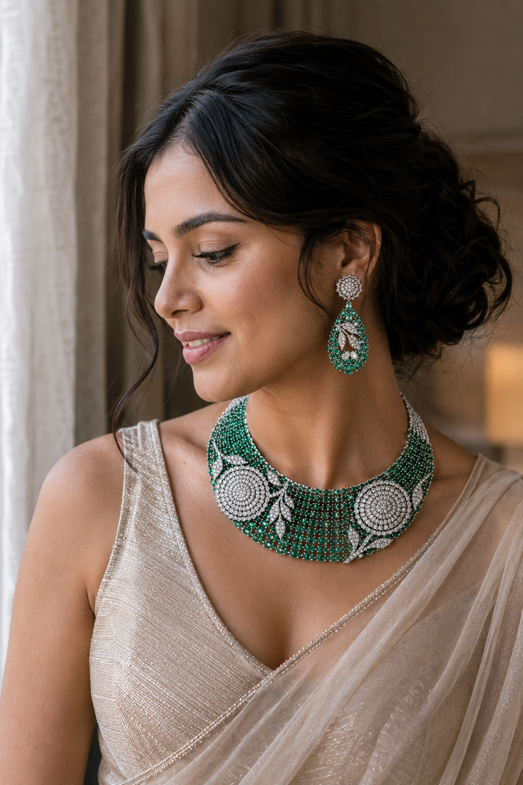 Emerald Floral Diamond Choker Necklace Set