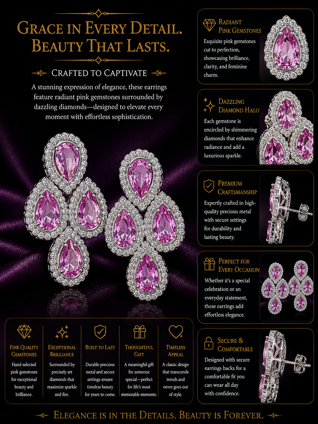 Pink Sapphire Halo Cluster Statement Earrings