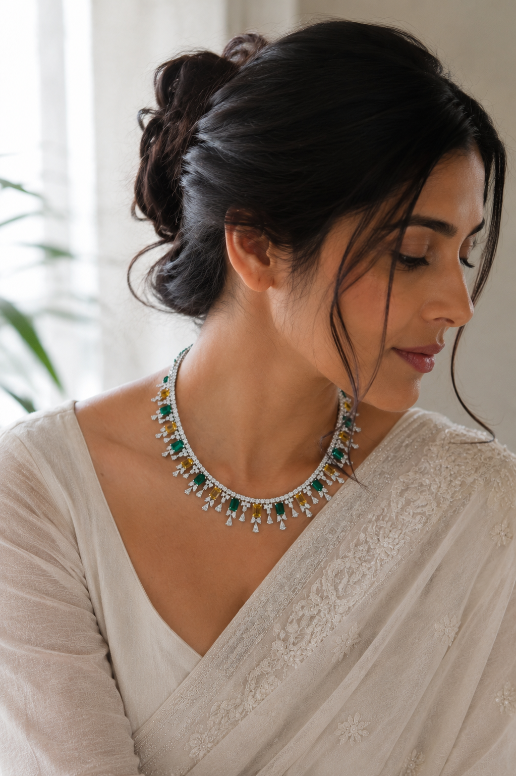 Emerald & Champagne Crystal Fringe Necklace