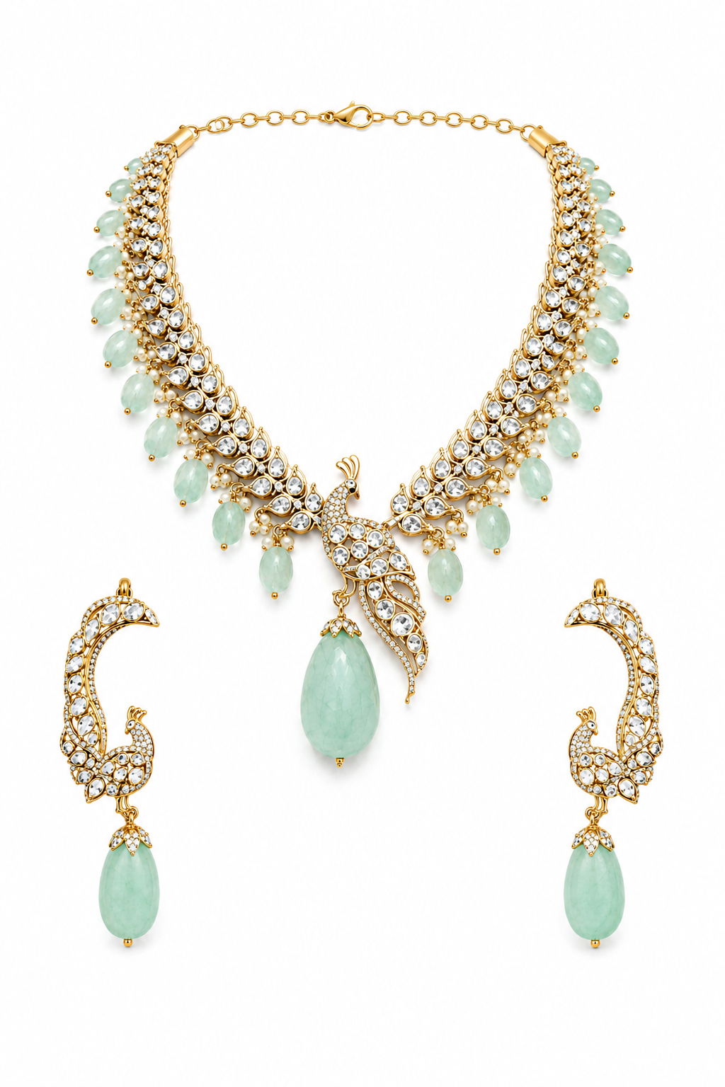 Peacock Motif Kundan Necklace Set with Mint Green Jade Drops