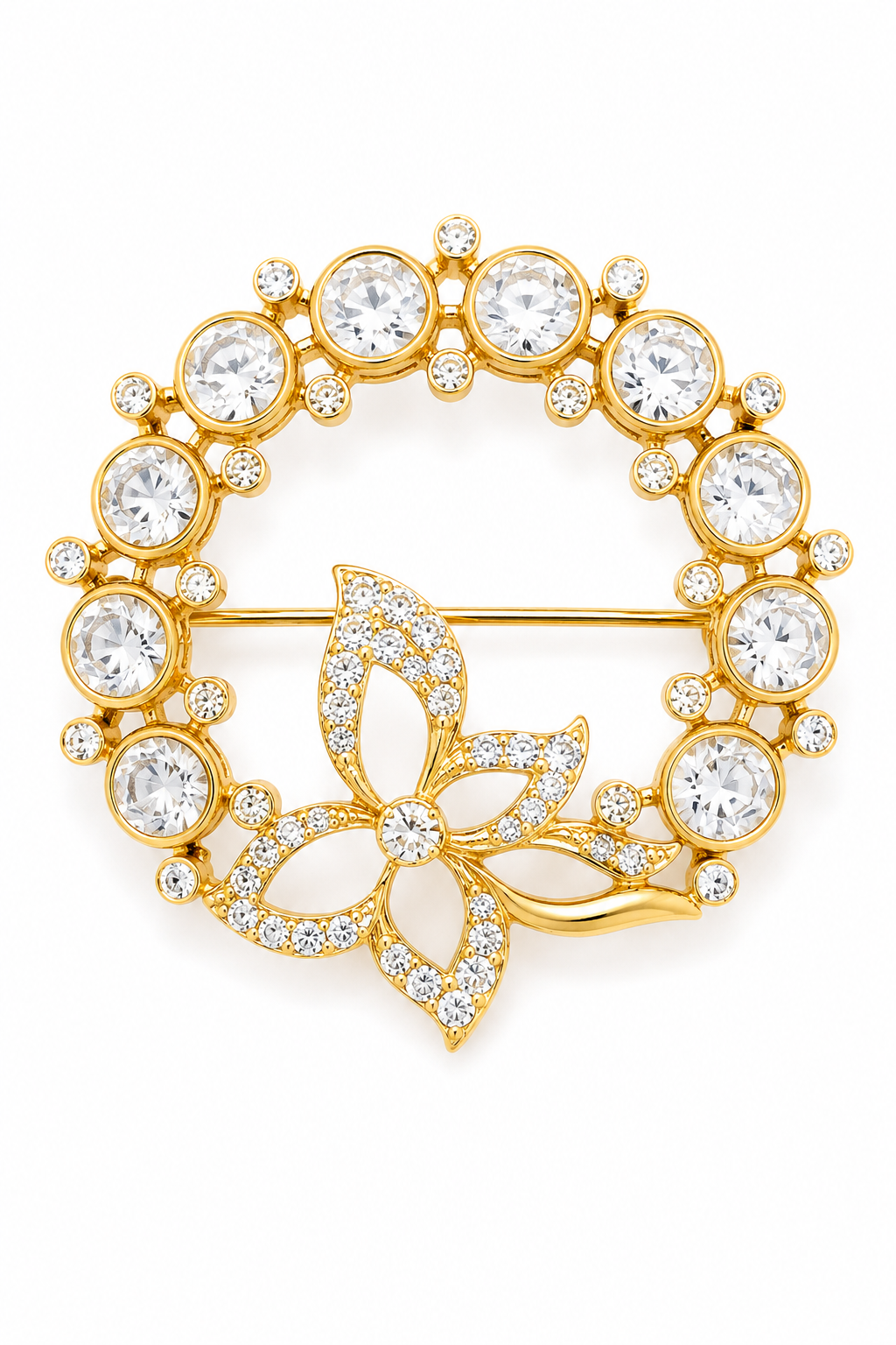 Eternal Radiance: Crystal-Encrusted Circle & Blossom Brooch
