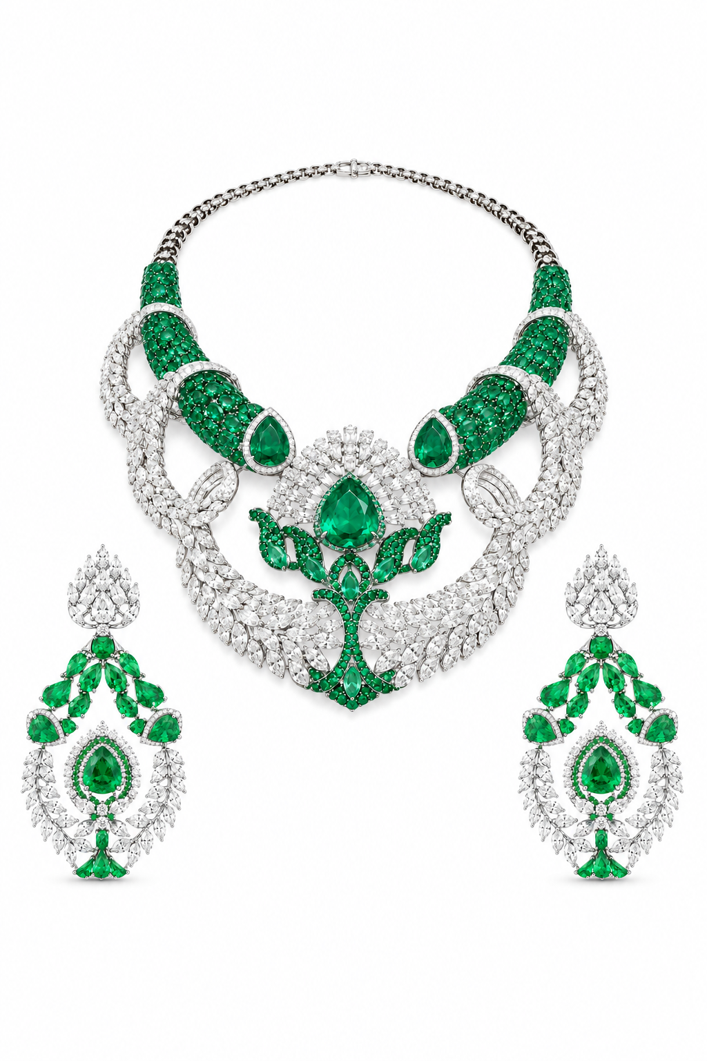 Emerald & Diamond Royal Floral Statement Necklace Set
