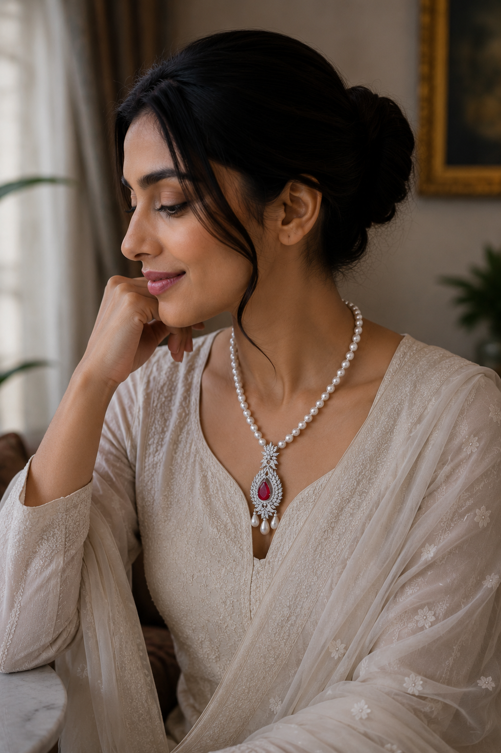 Ruby Pearl Heirloom Diamond Pendant Necklace