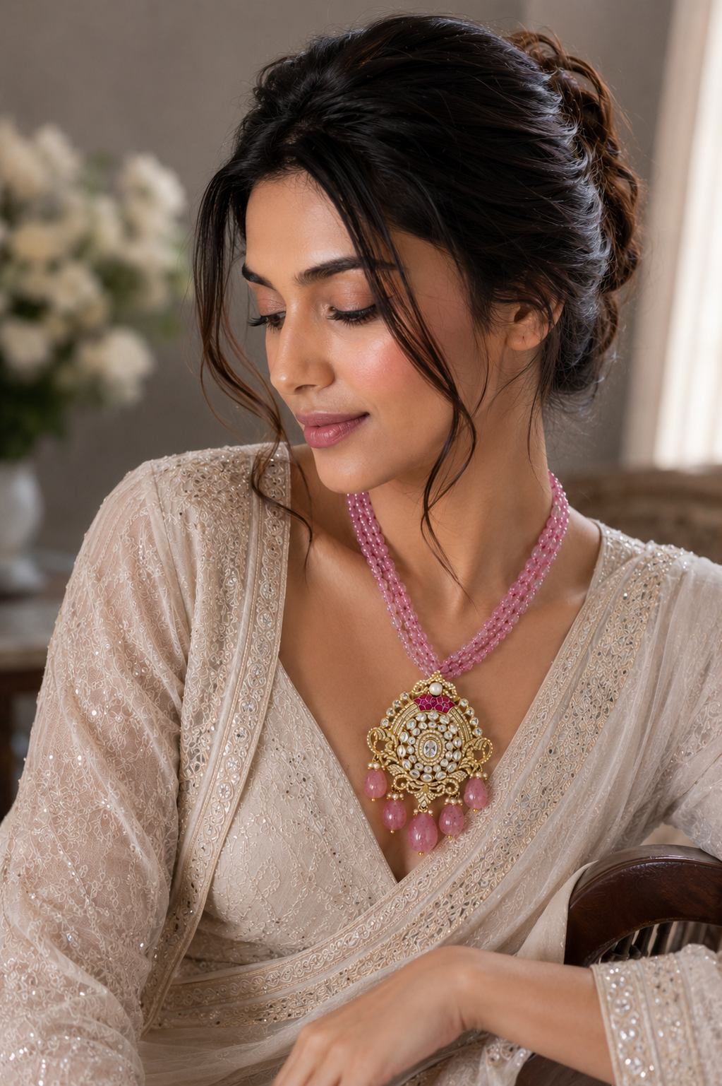 Pink Tourmaline Bead Necklace with Kundan Statement Pendant