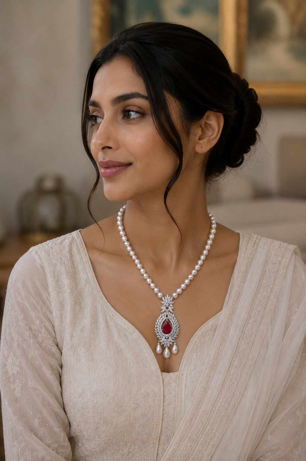 Ruby Pearl Heirloom Diamond Pendant Necklace
